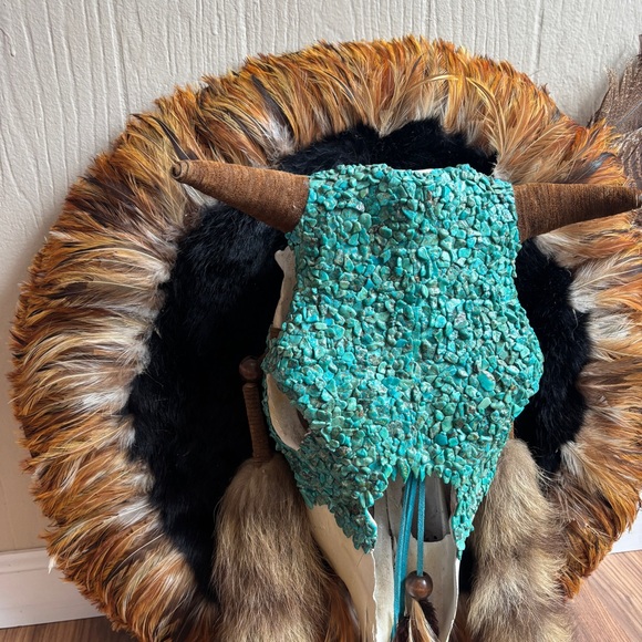 Turquoise Skull Wall Hanging Fur Feathers Leathers Accents - Picture 3 of 12